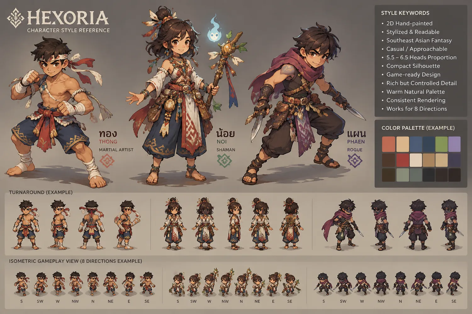 Hexoria character style reference sheet with turnarounds and eight-direction views