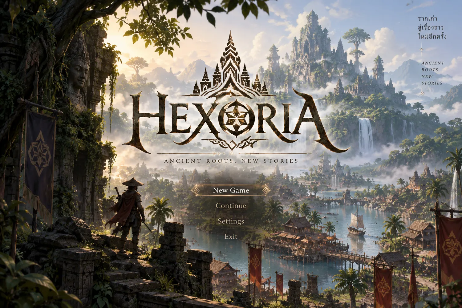 Hexoria title screen concept: a traveler overlooks a misty valley of temples and a harbor town