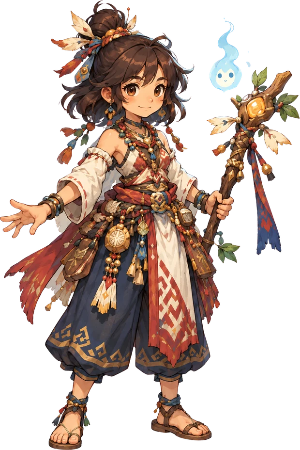 Noi, the shaman of Hexoria, with her spirit staff